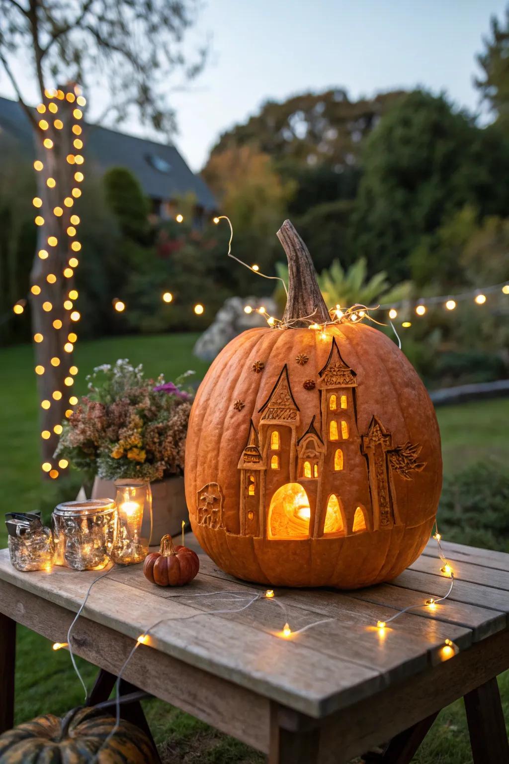 Step into an enchanted narrative with magical pumpkin carvings.