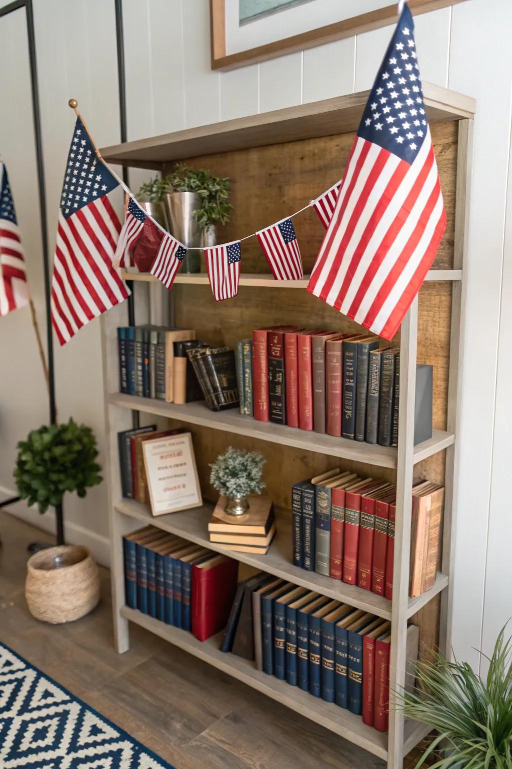 Bookshelves styled using flags and books impart a personal signature.