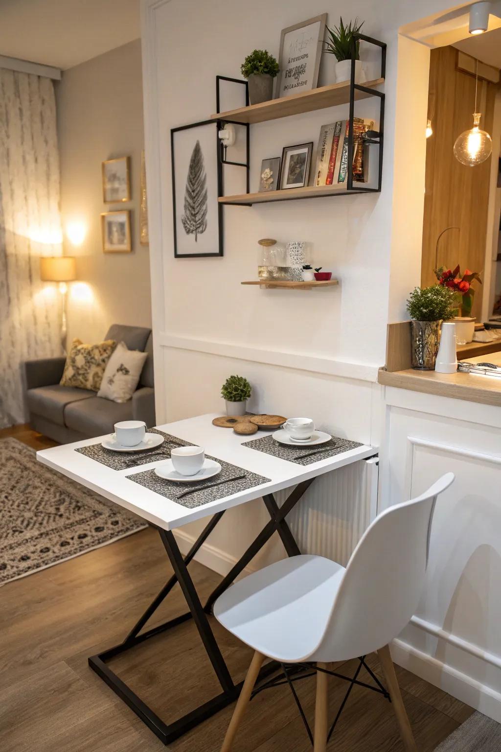 Tables on the wall make the most of floor space.
