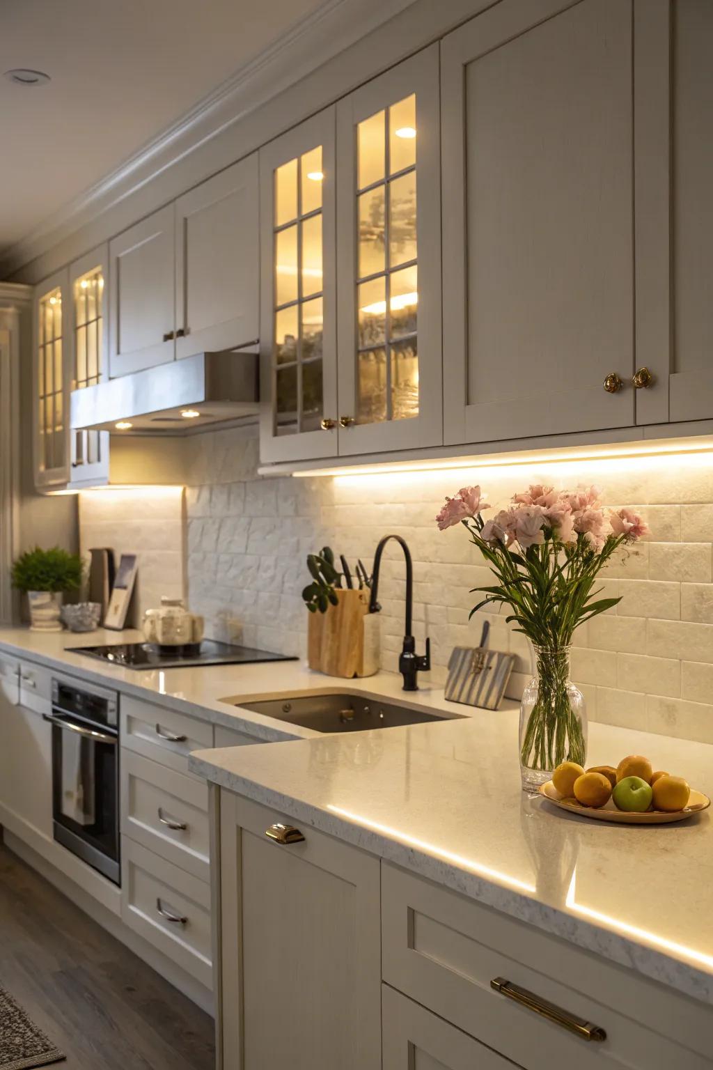 A kitchen showcasing under-cabinet lights to improve visibility.
