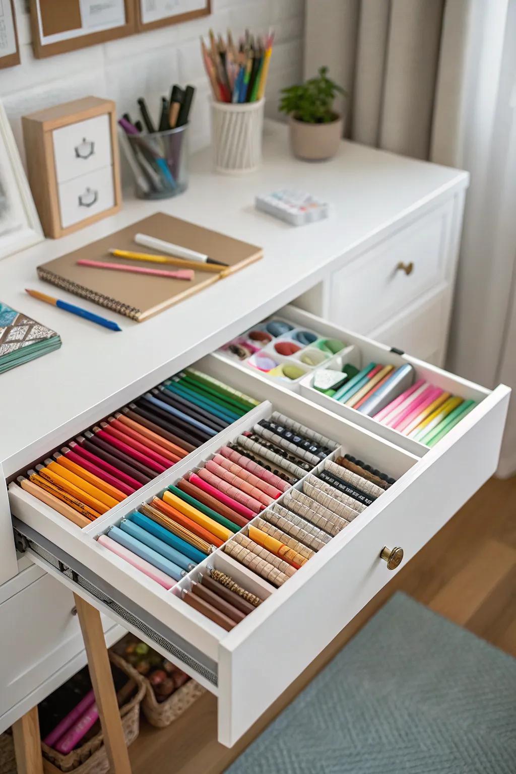 Under-table drawers provide concealed storage for your art supplies.