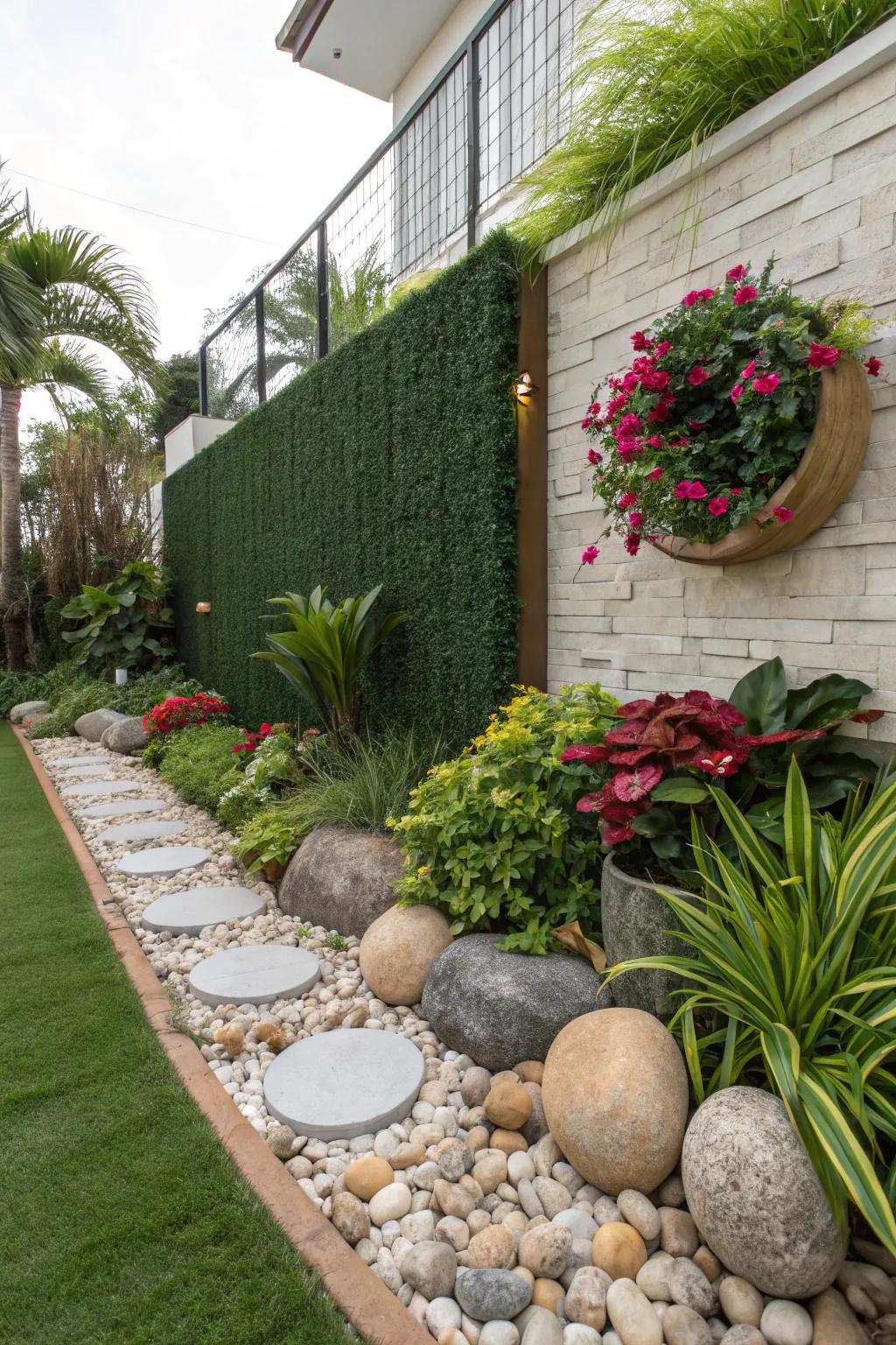 A garden enhanced with a faux verdant wall seamlessly integrated with actual plants.