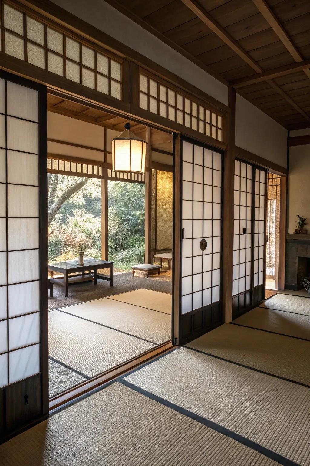 Panel screens offer style and privacy with soft lighting.