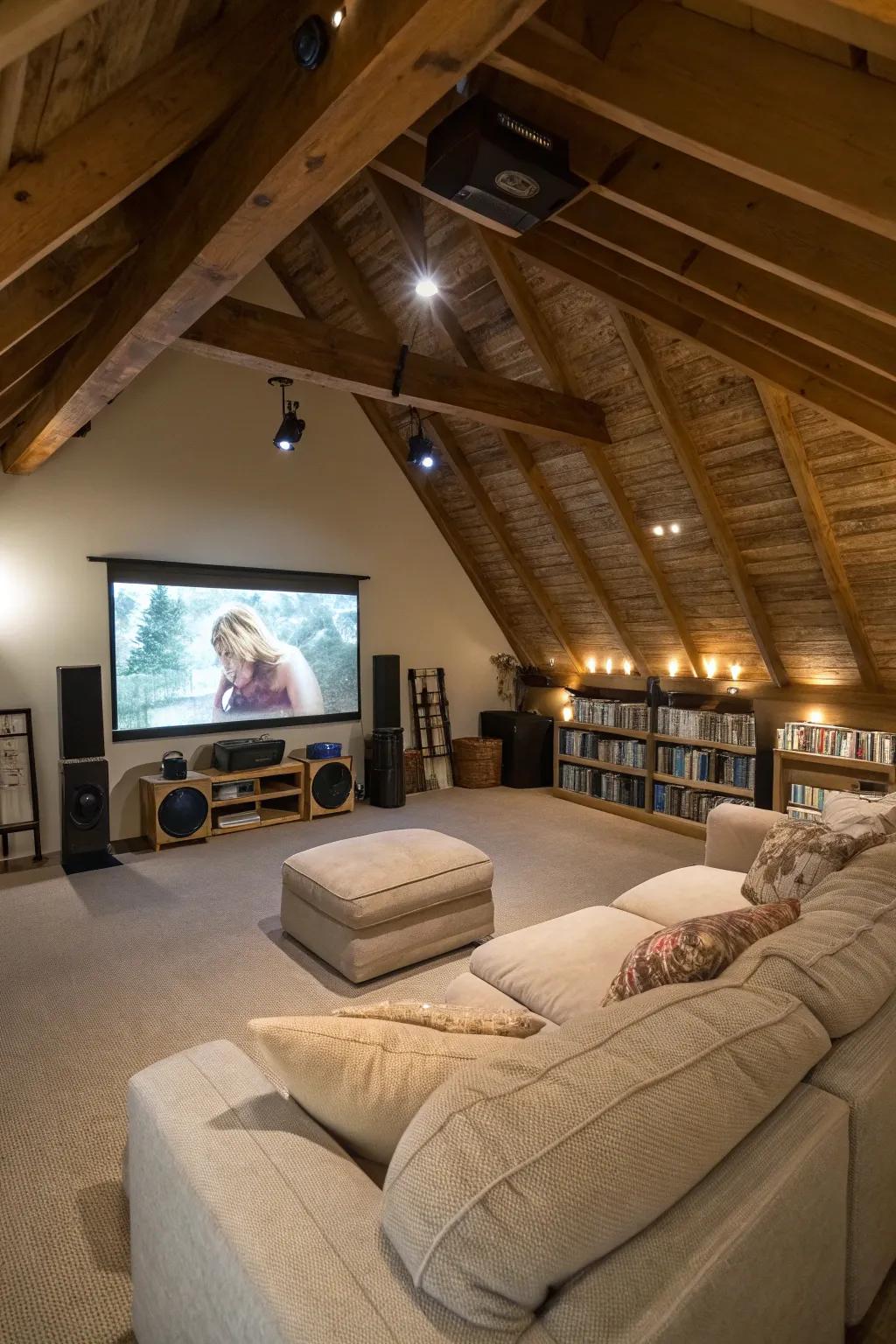 Enjoy your favorite films in a personal attic home theater.