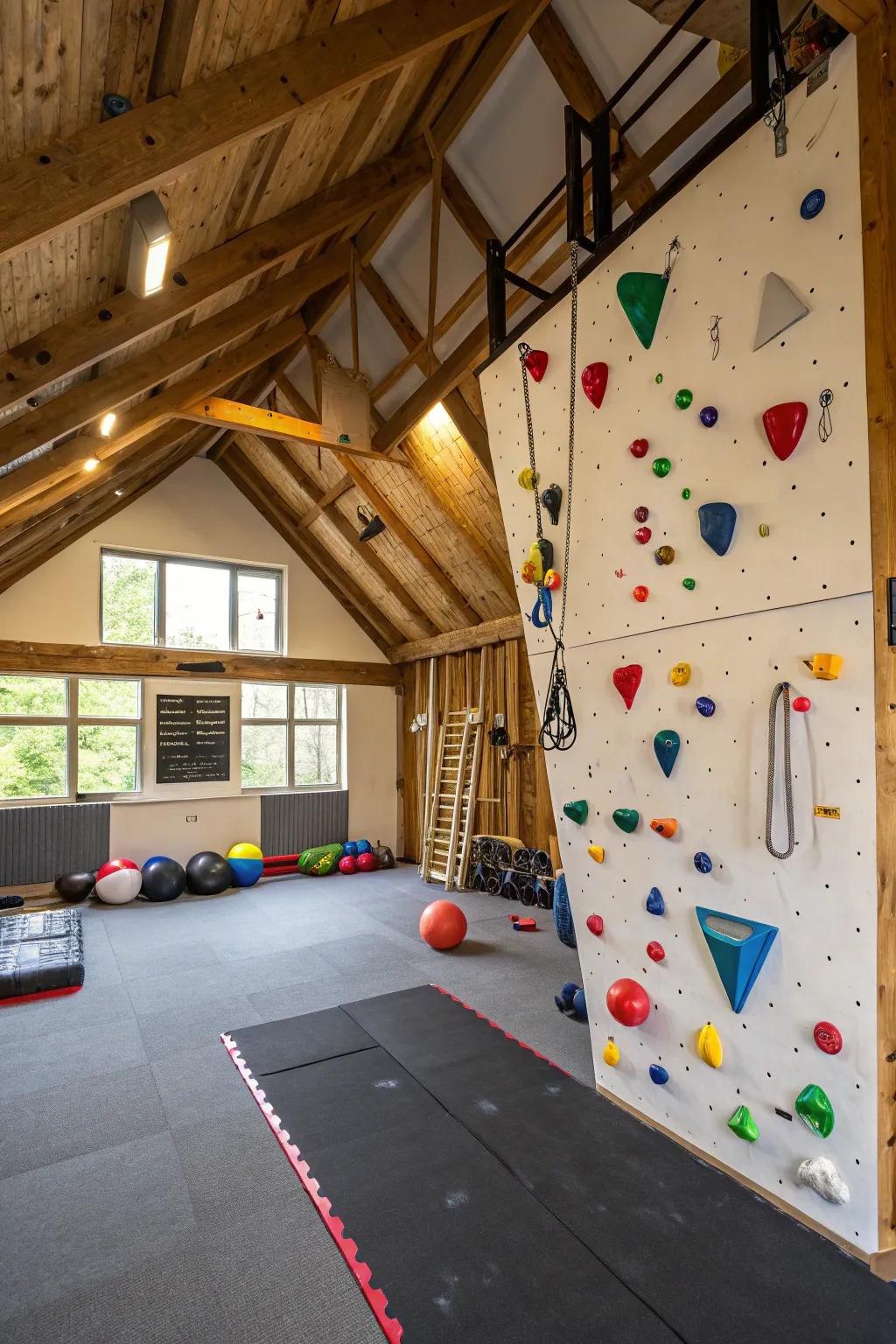 A climbing structure incorporates an exciting and difficult workout element.
