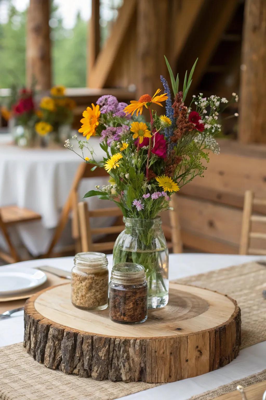 Country chic centerpiece with timber accents.