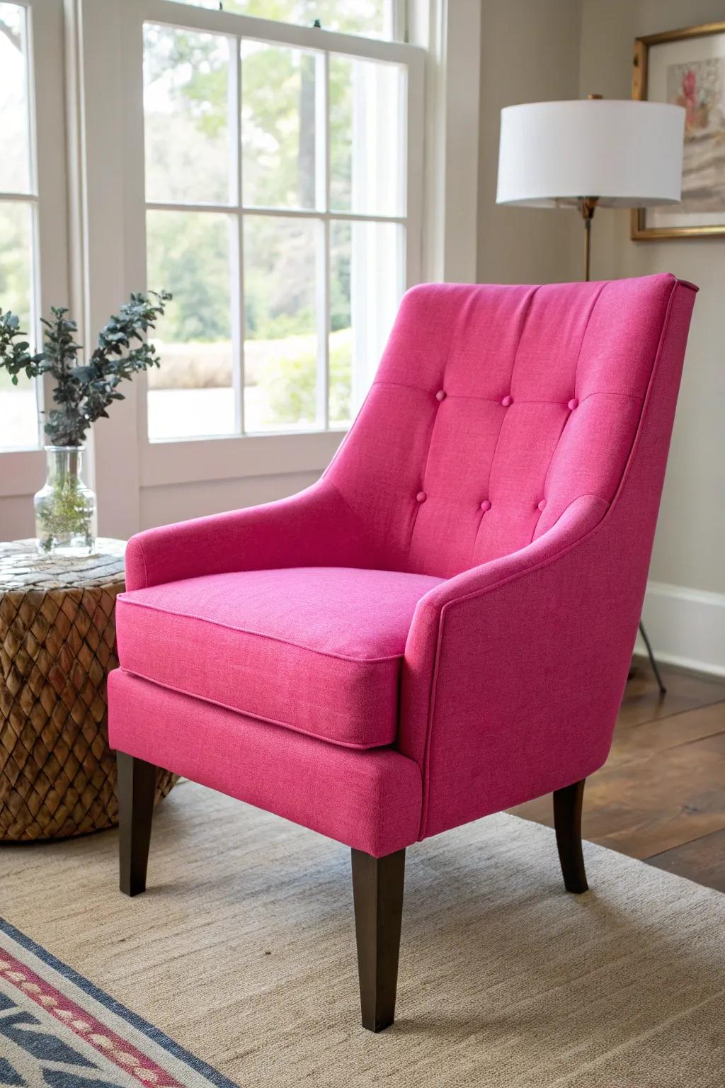 A strong pink seating serves as a striking accent in the area.