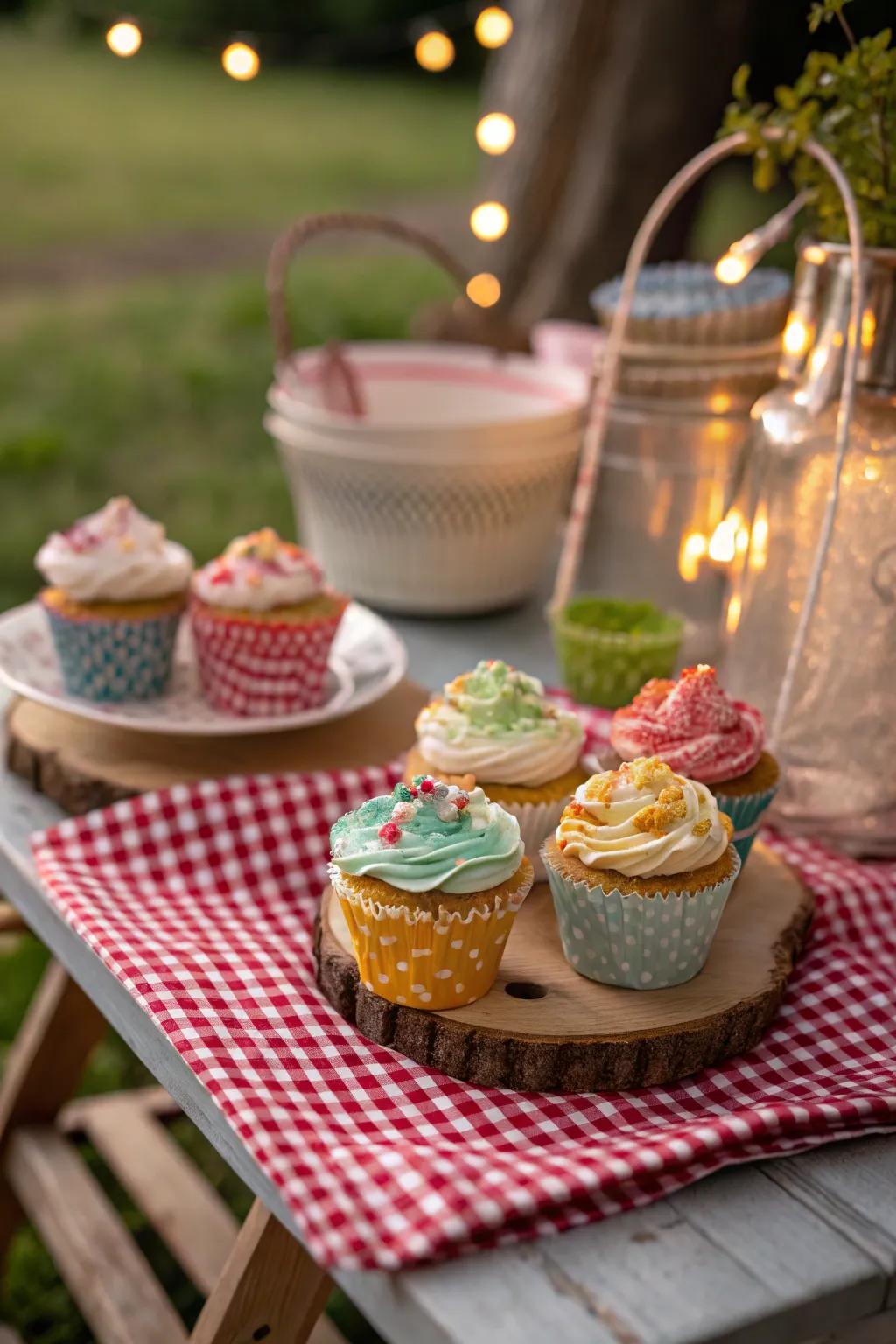 Checkered patterned cupcakes for a touch of classic charm.