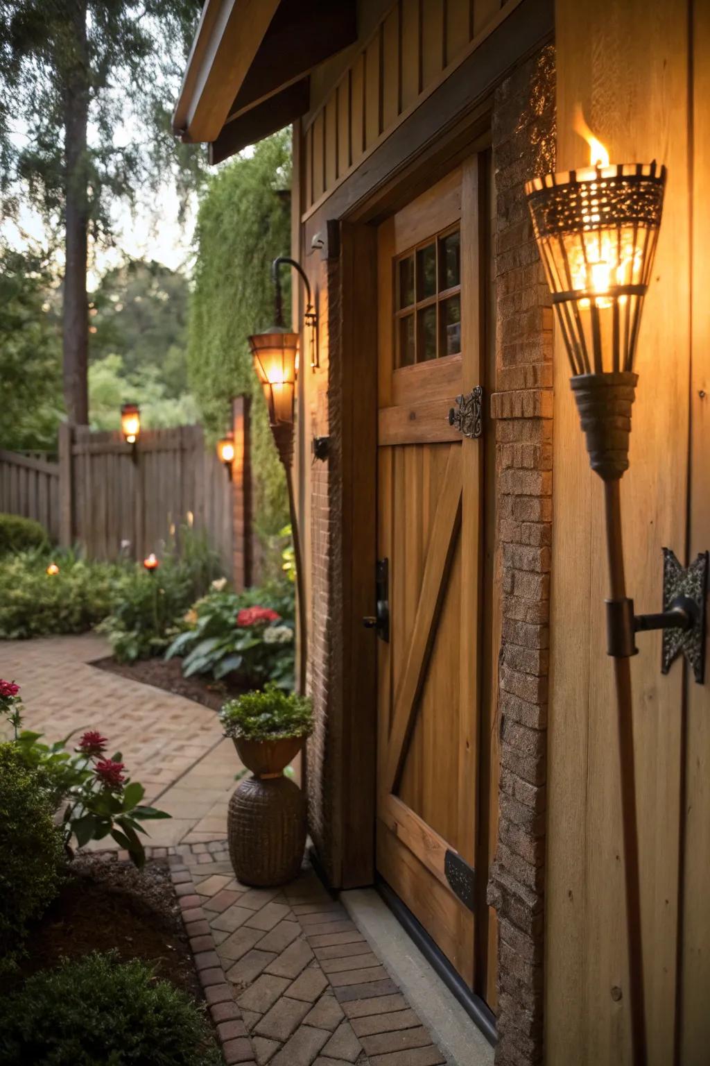 Rustic torch lights add a dramatic and exotic feel.