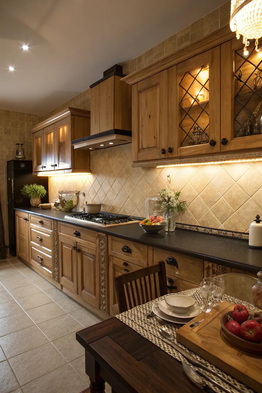 Cream tiles offer a warm and inviting contrast to black countertops.