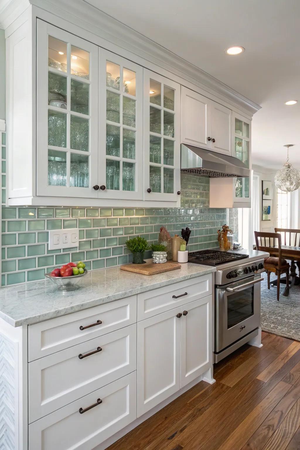 Glass tiles bring modern elegance to this white kitchen.