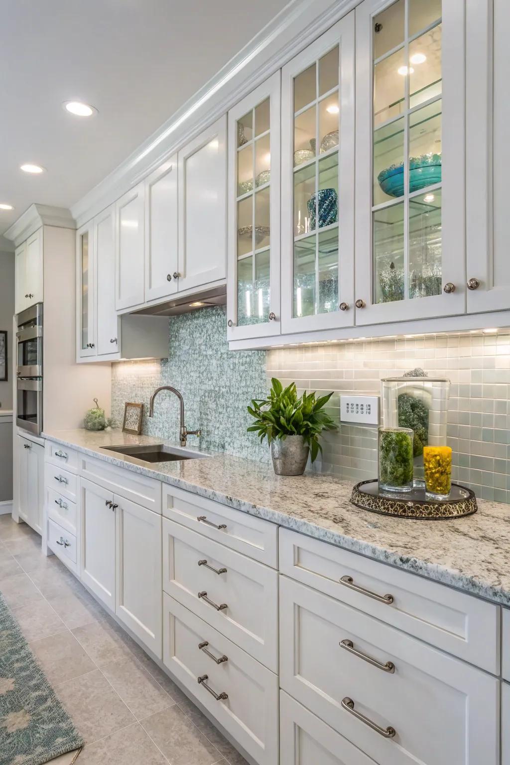 Glass tiling illuminates the kitchen with their reflective and elegant surface.