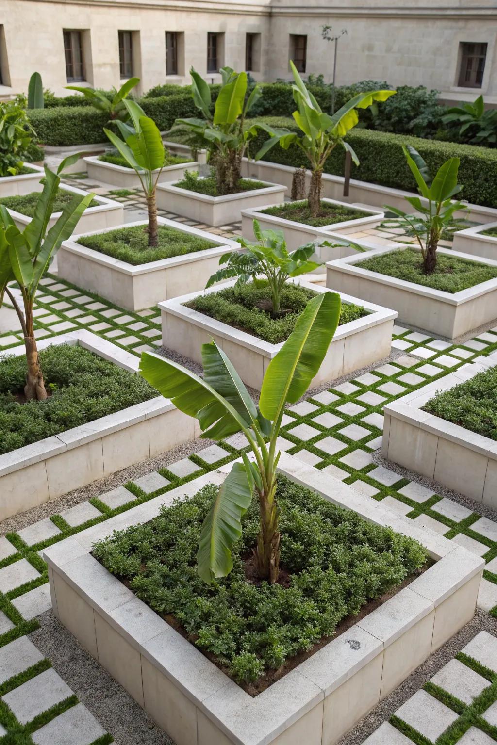 Achieve a modern aesthetic with a geometric banana tree garden design.
