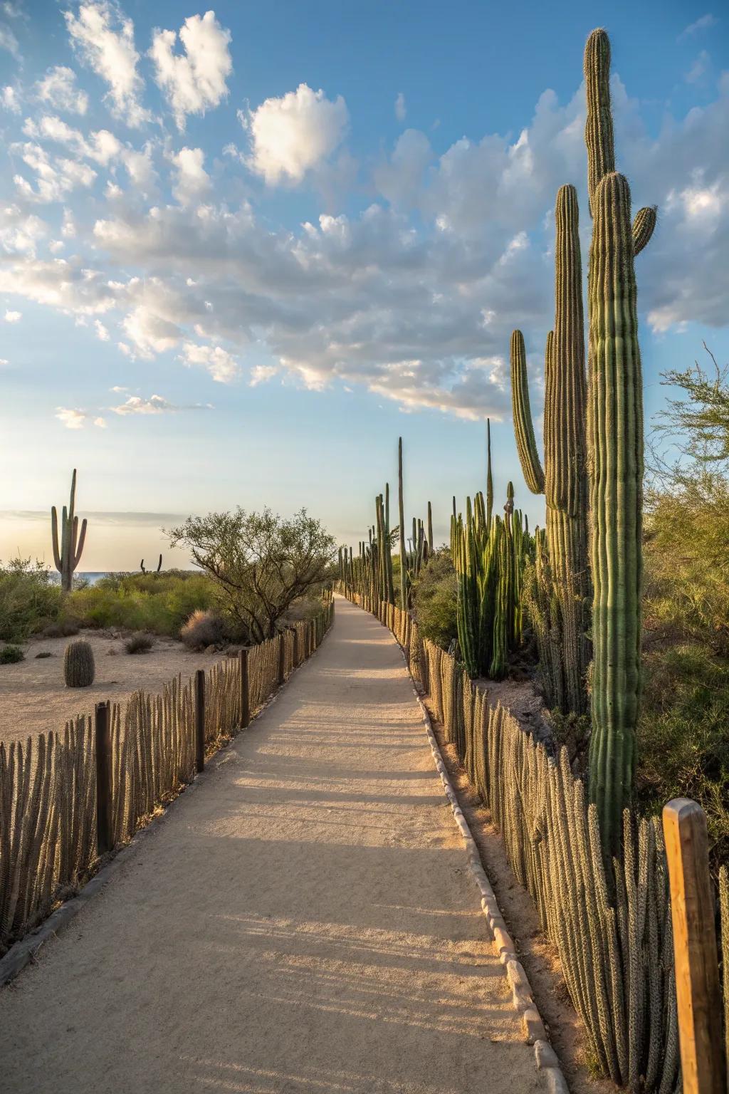 Cactus borders form natural boundaries along pathways.
