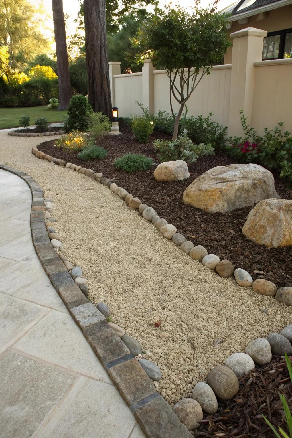 Ornamental trim with crushed rock fines creates neat and structured garden spaces.