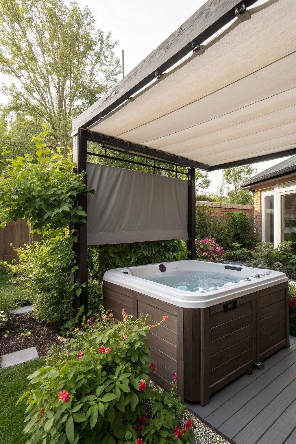 Outdoor blinds provide adjustable privacy and protection from the sun.