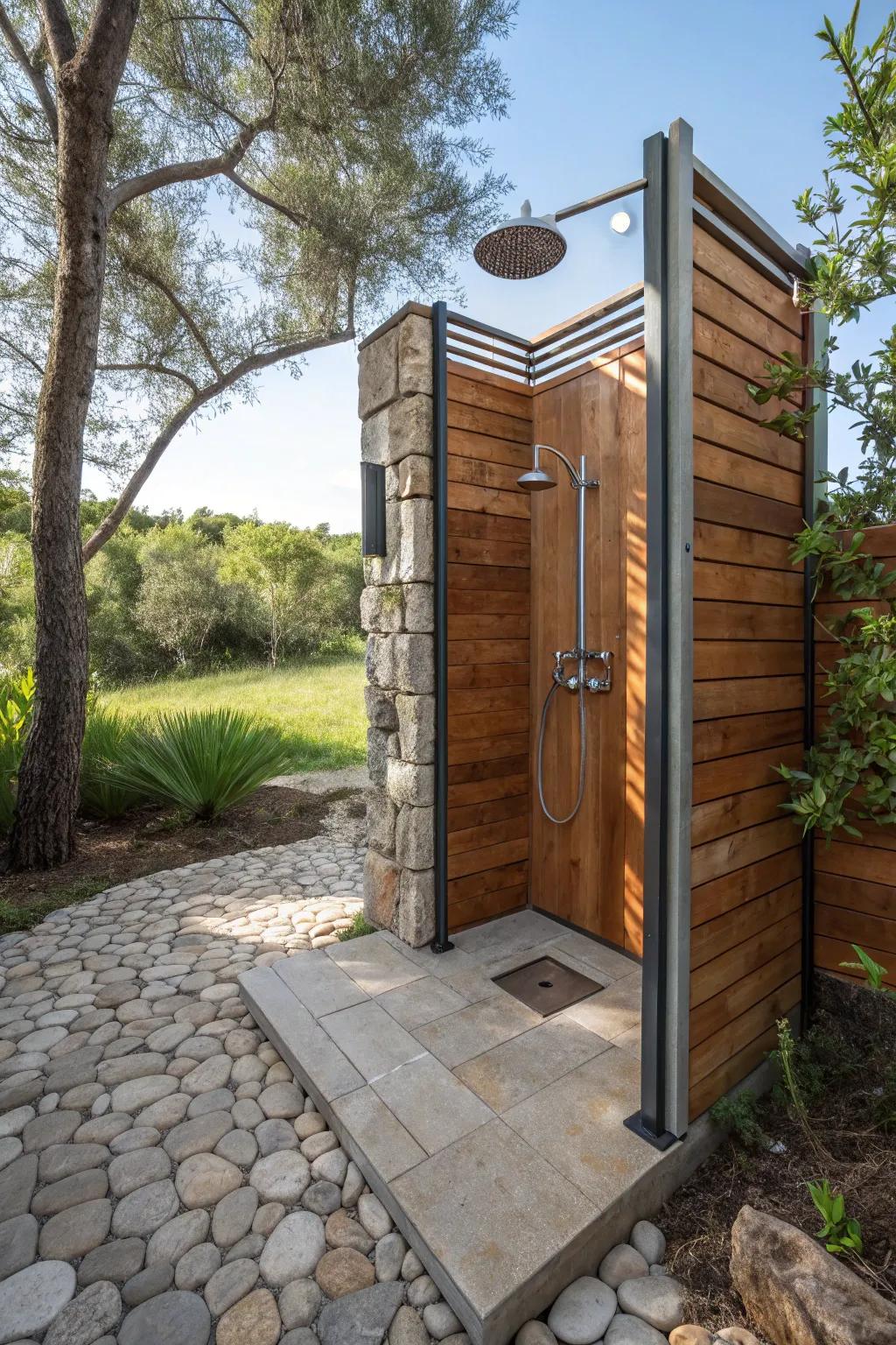 A visually fascinating outdoor shower area using mixed materials.