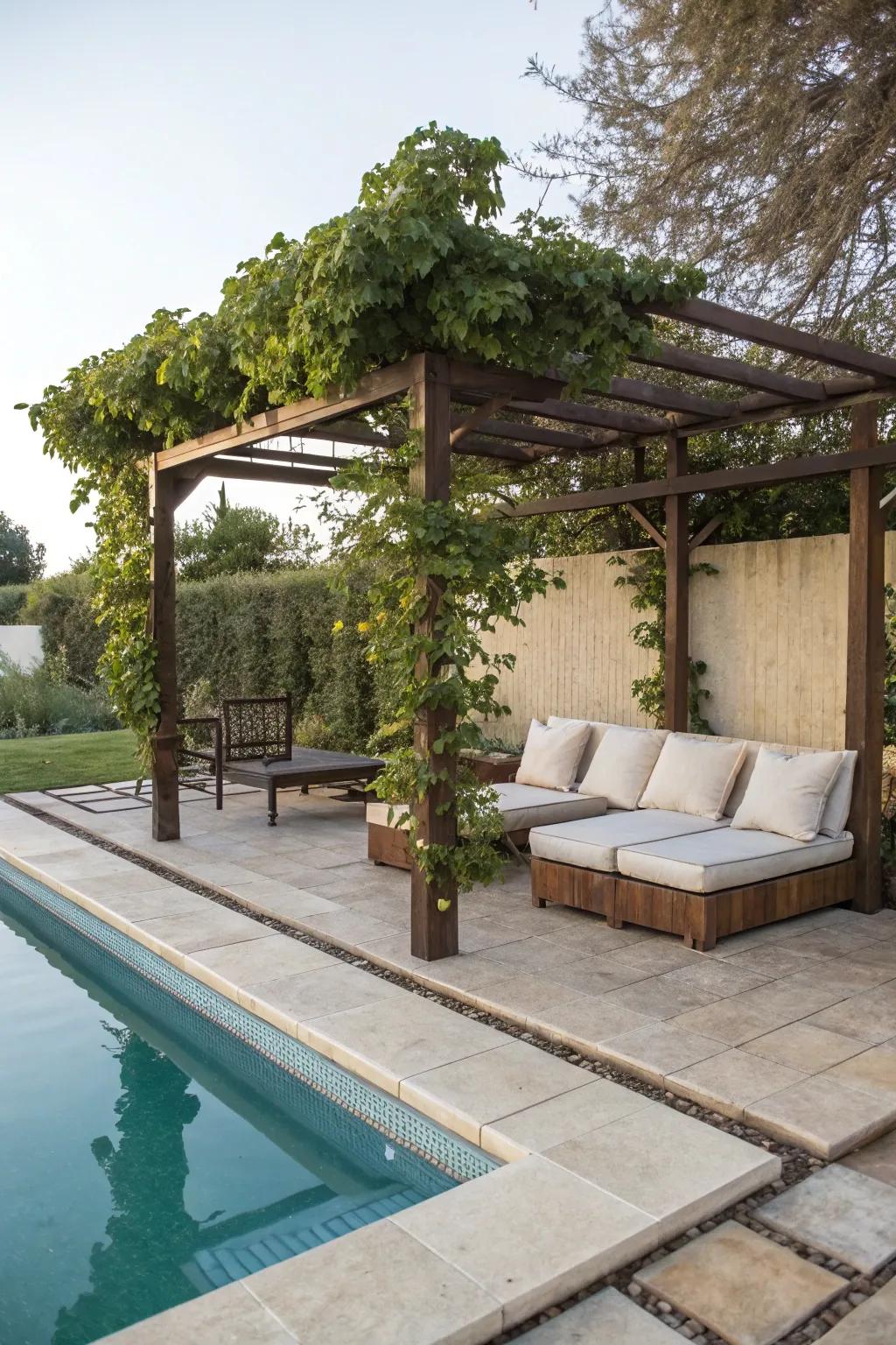 Comfortable seating transforms a pergola into a lounge sanctuary.