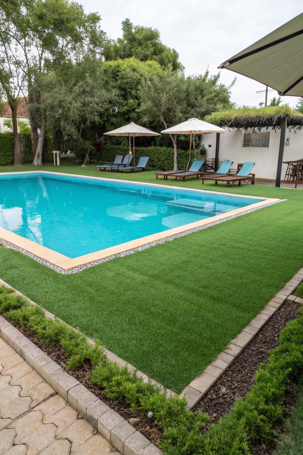 A pristine poolside with lush, non-slip artificial lawn.