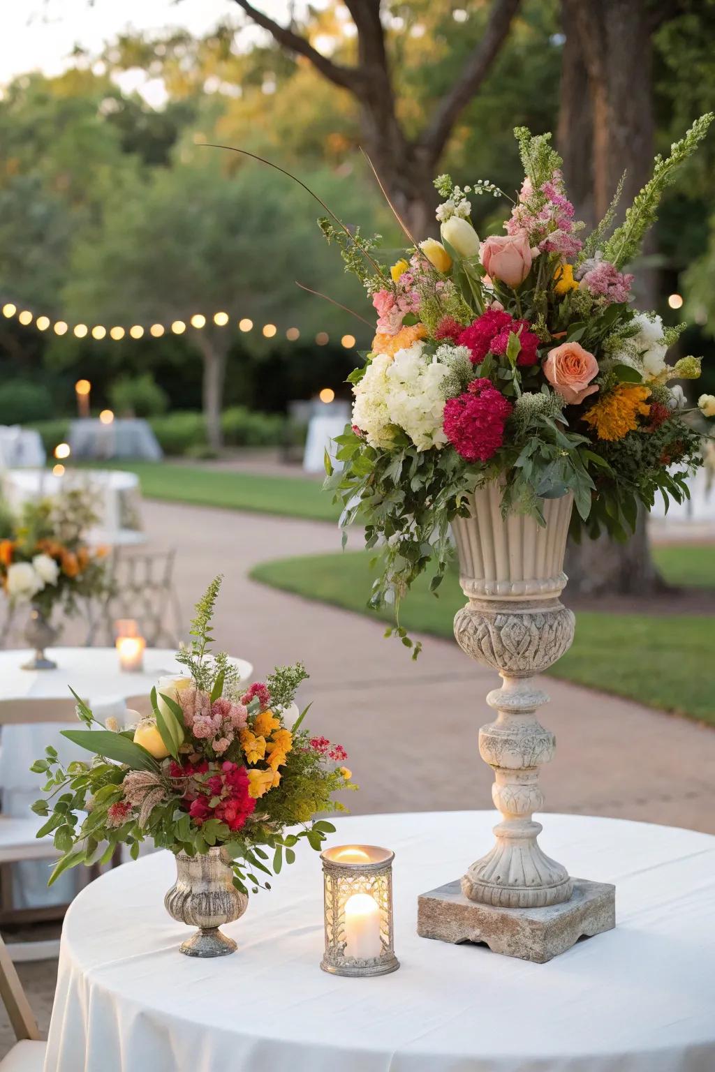 Garden-themed centerpieces bring freshness and color to the tables.