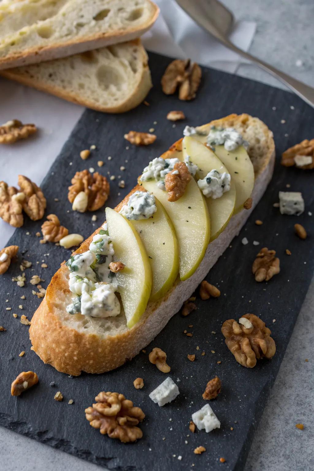 A sophisticated pairing of blue cheese and pear on a French loaf.