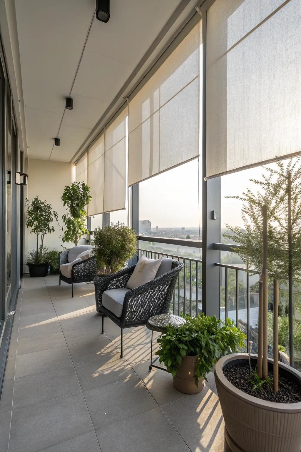 Modern roller shades providing adjustable shade on a balcony.