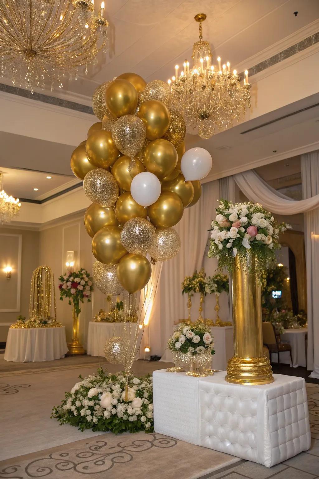 A gold-themed balloon display that adds luxury to special occasions.