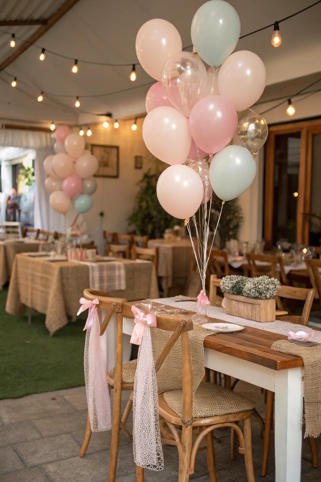 Homespun balloons combined with natural elements create a warm atmosphere.