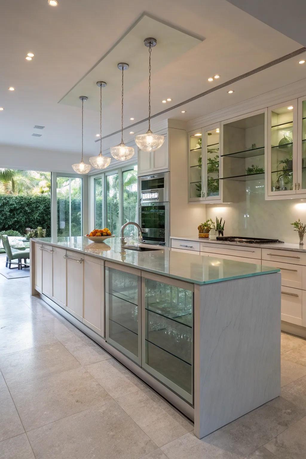 Glass elements contribute to a spacious and airy cooking area atmosphere.