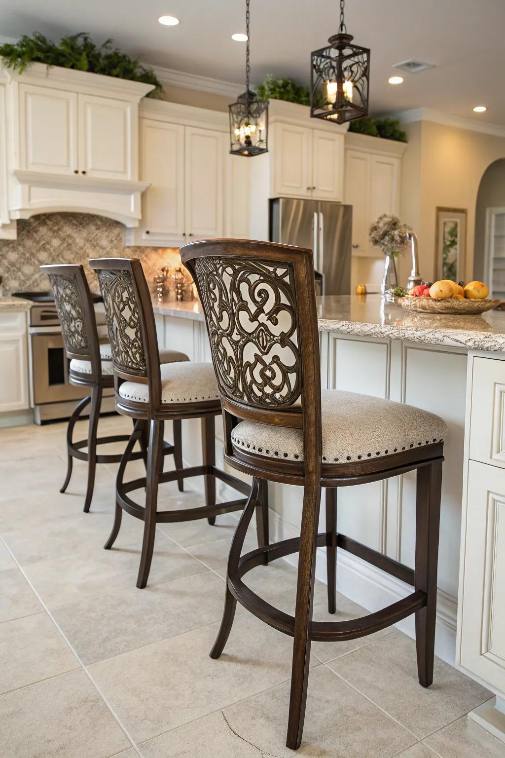 Artistic bar stools featuring backs for an elegant impression.