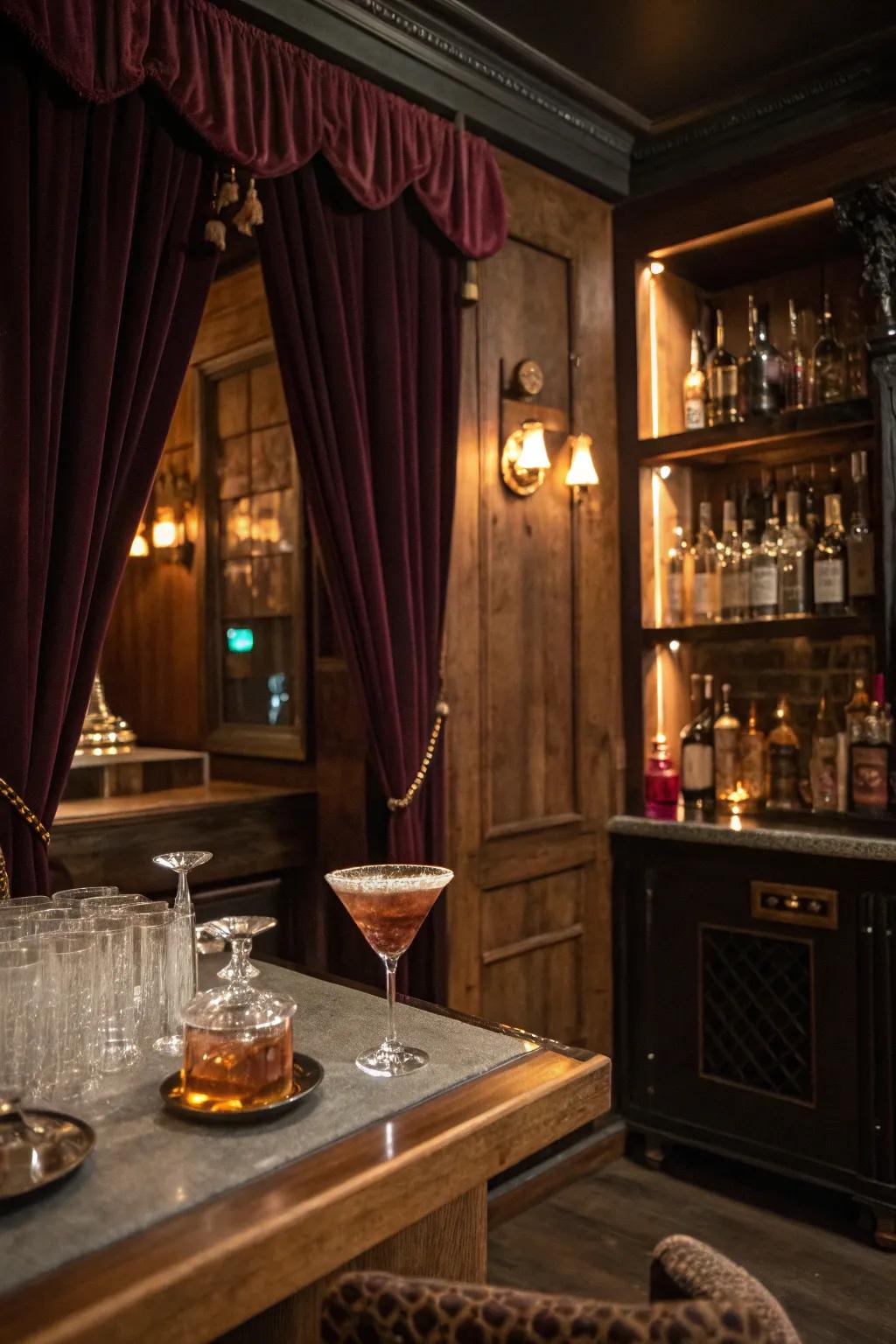 Secret drinking den adds intrigue using hidden entrances and vintage style.