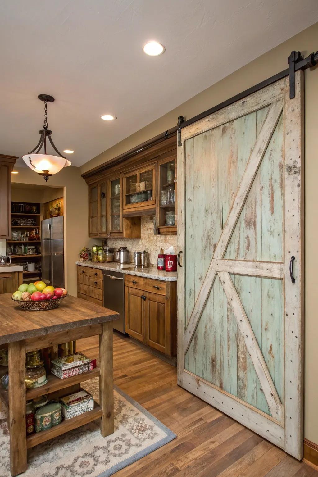 A kitchen featuring a sliding barn door pantry accented with distressed paint.