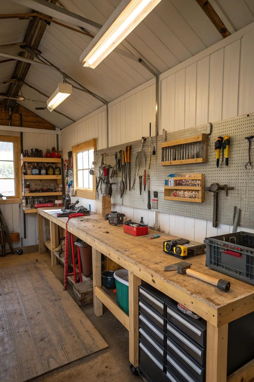 A functional workshop space within this versatile barndominium.