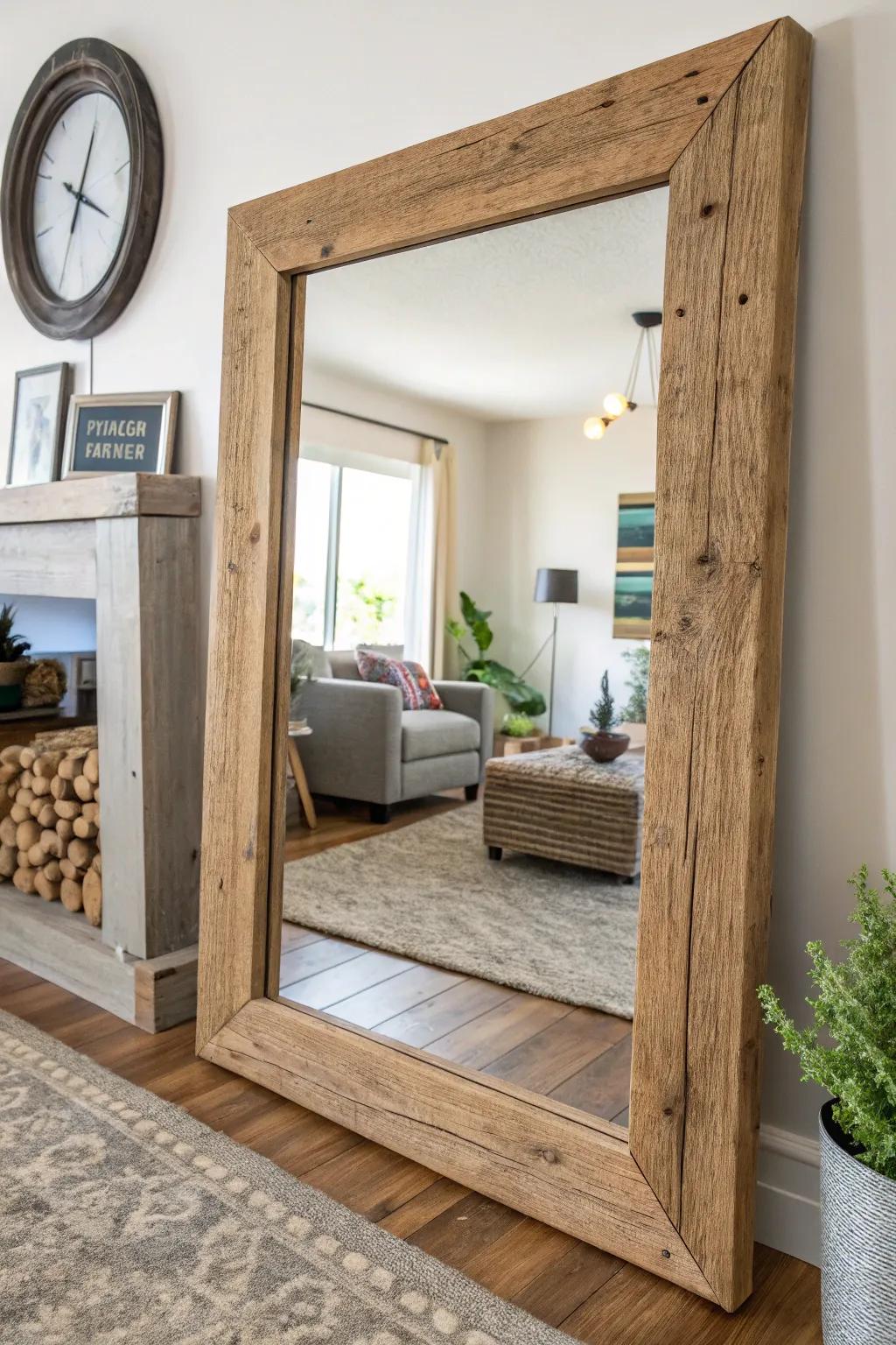 Frame of aged wood with a looking glass for supplemental refinement.
