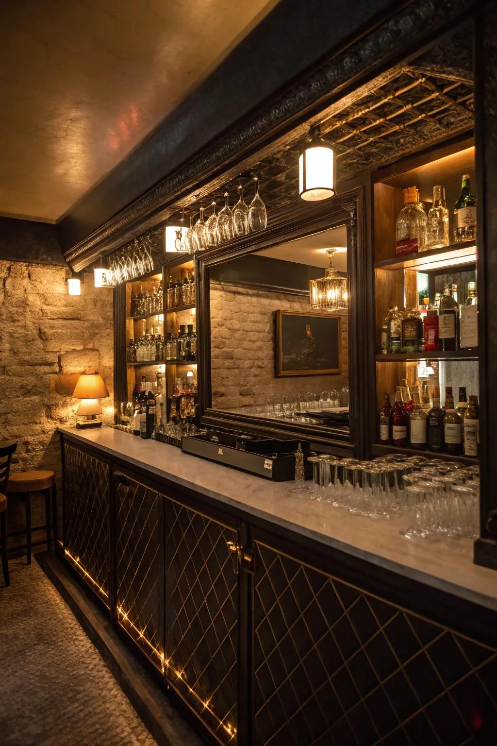 Mirrored back panels enhance depth and luxury in your bar.