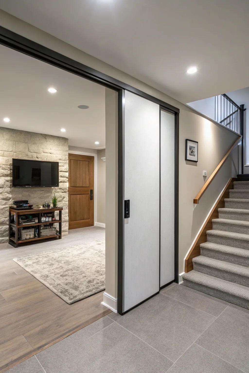 A sliding inset door maximizes space and maintains a sleek design in the basement.