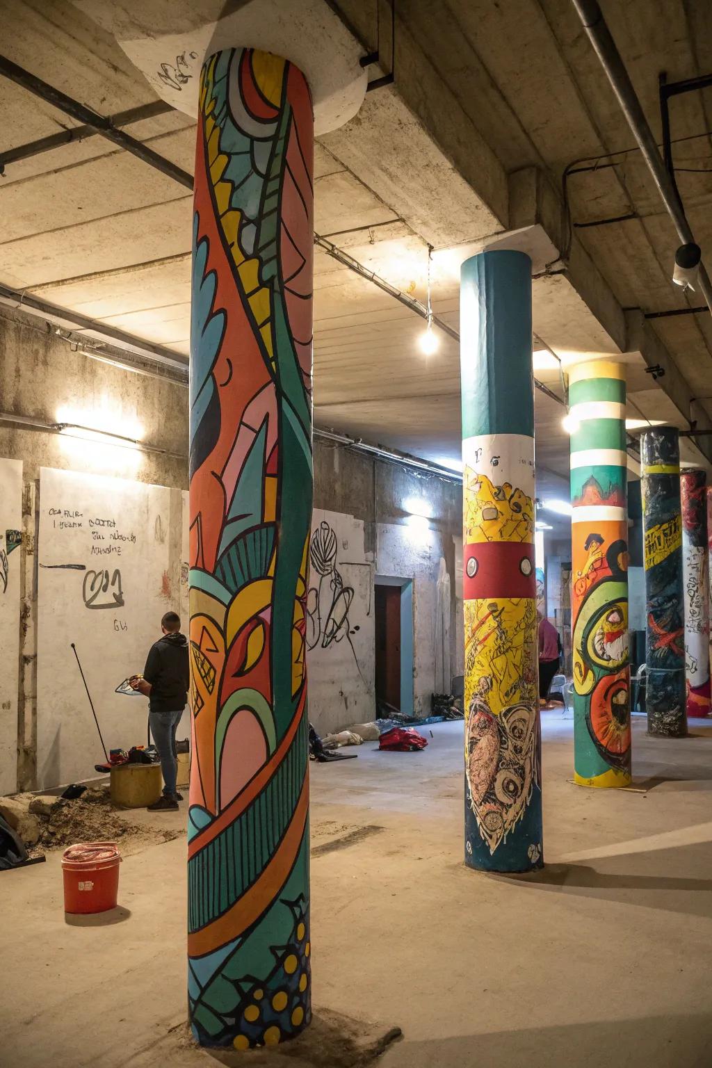 Colorful artwork turns basement poles into statement pieces.