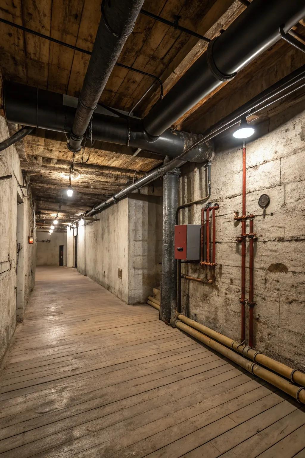 Structural elements designed to enhance the basement's distinct character.