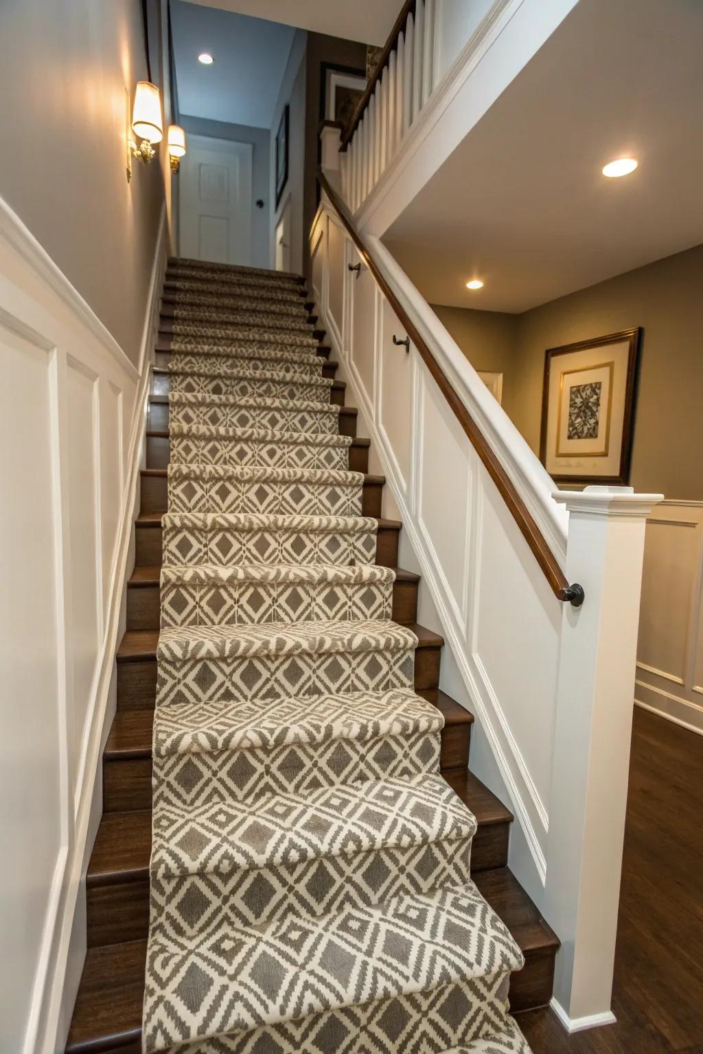 A patterned stair runner introduces design and safeguarding.