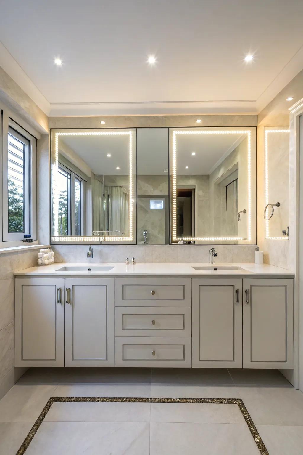 Mirrored shelves enhance light and create a spacious feel.