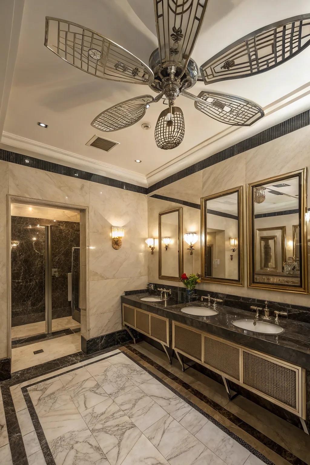 An Art Deco-inspired bathroom showcasing a luxurious fan.