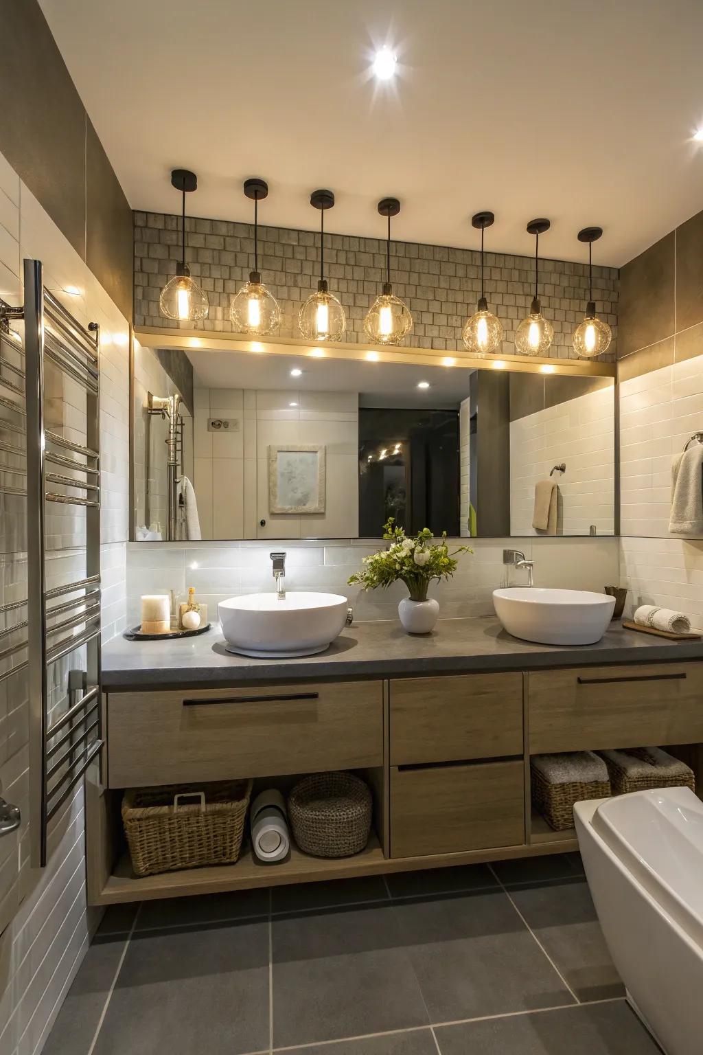 A bathroom illuminated by imaginative lighting, adding warmth and a vibrant feel to the space.