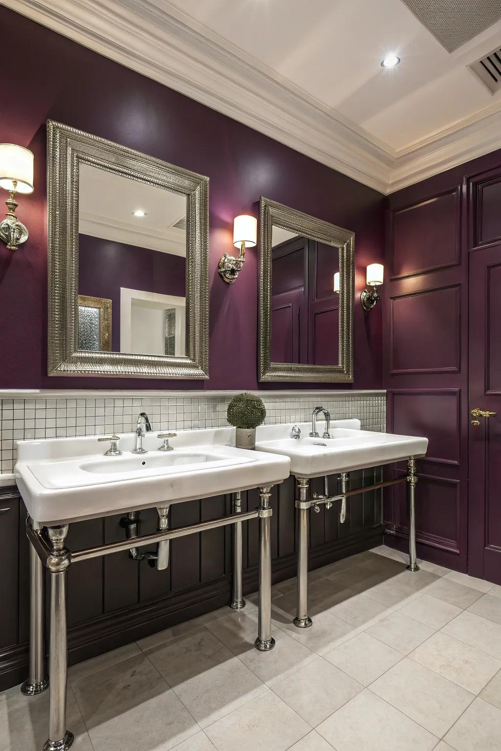 Violet walls add a regal touch of elegance to the bathroom.