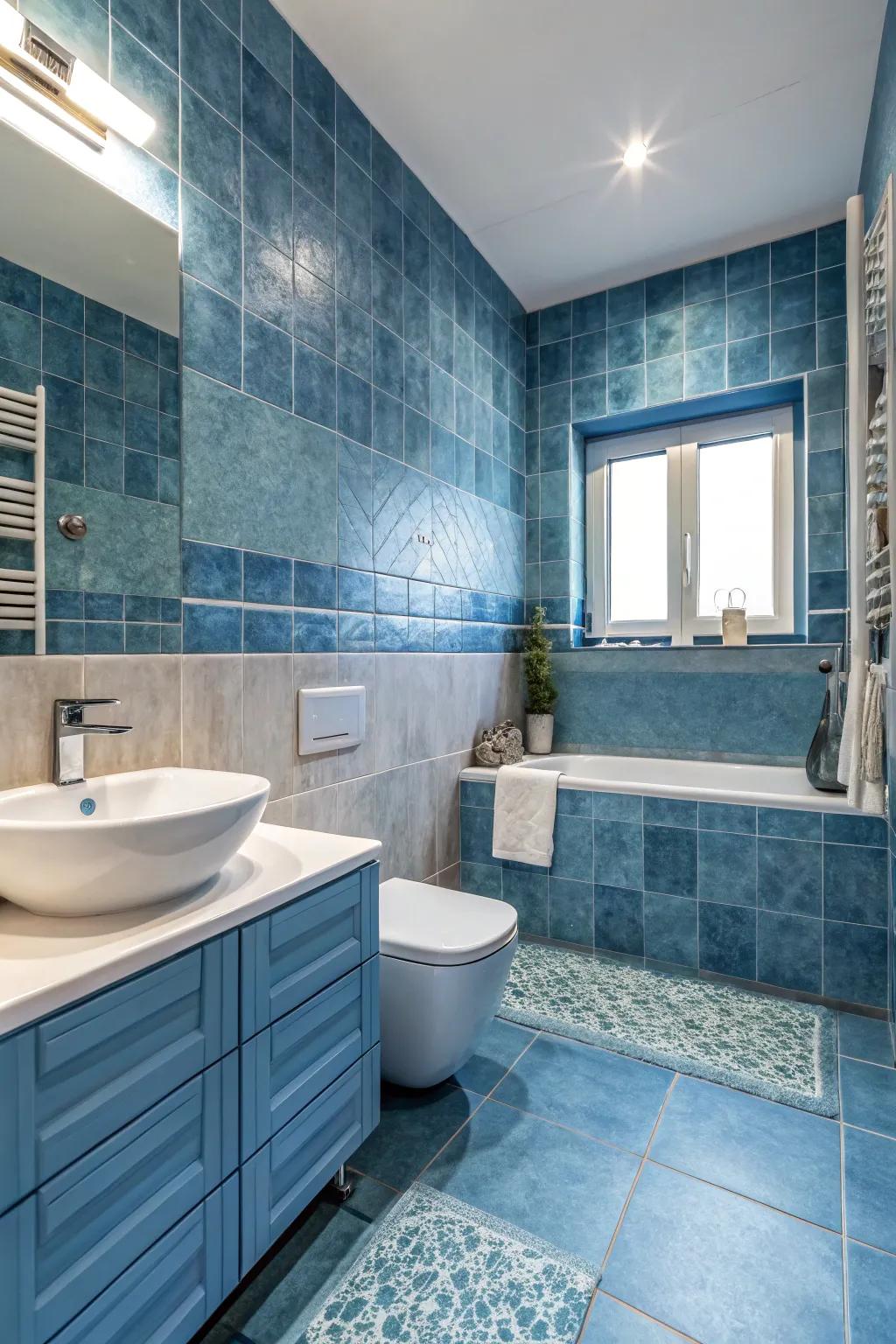 A monochromatic bathroom with harmonious teal tones.