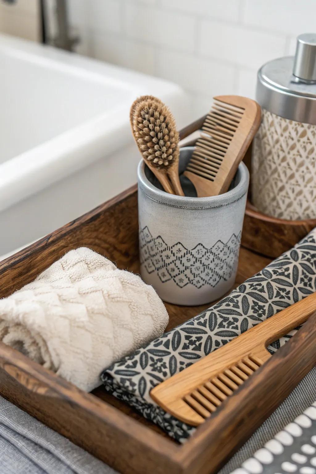 A fusion of textures cultivates a visually dynamic staging arrangement.