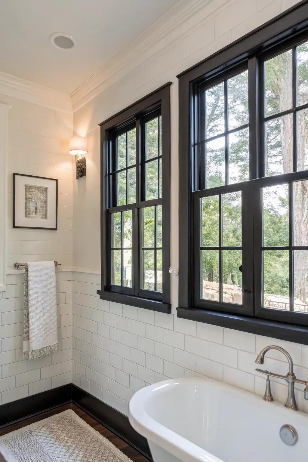 Deep frames generating striking visual divergence within the bathroom.