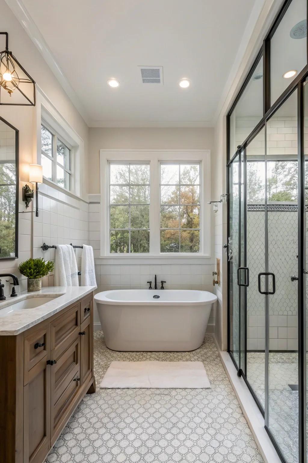 Imaginative design highlighting a tub inside the shower area.