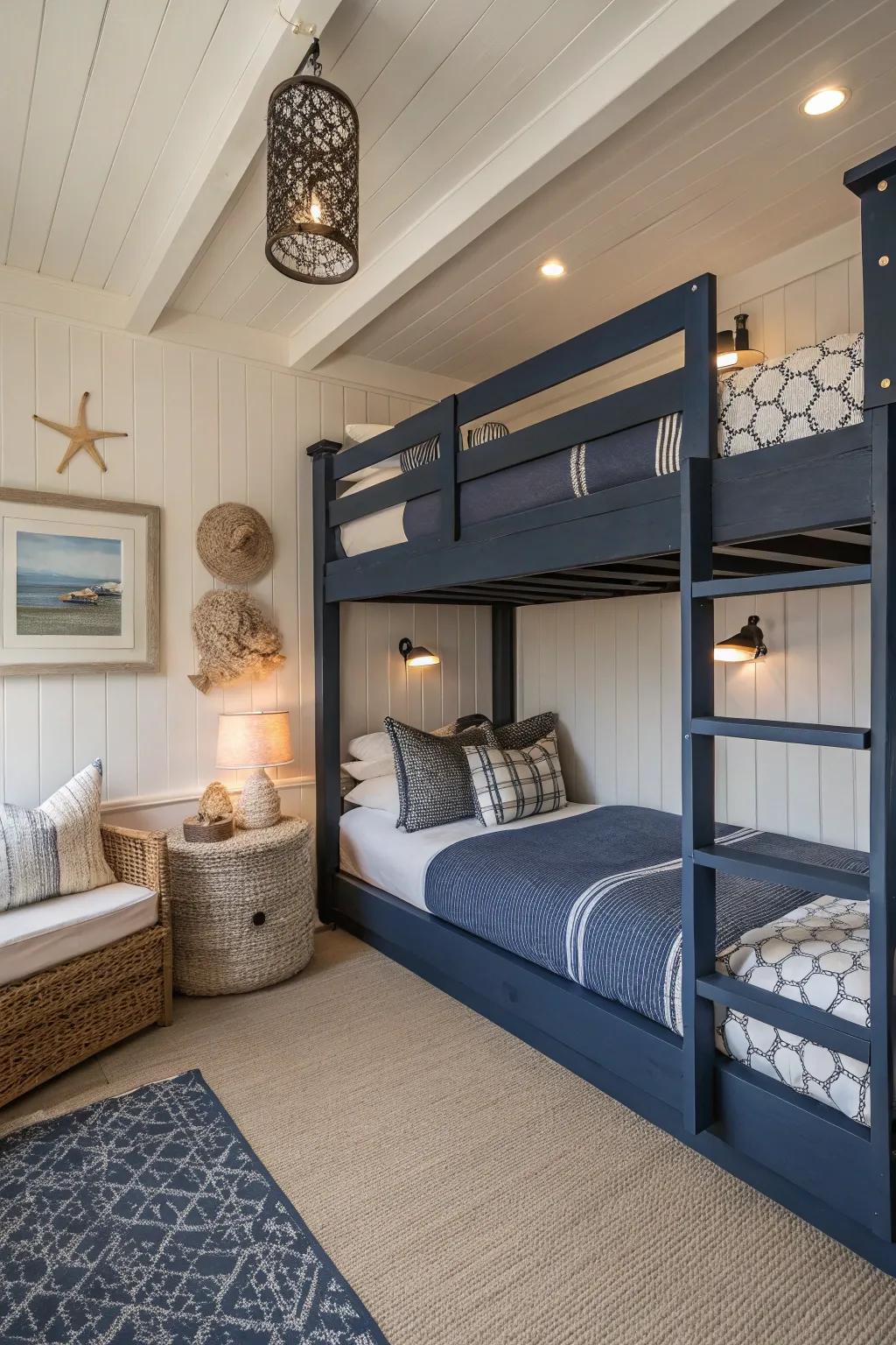 Accept simplicity with minimalist blue floor bunks.