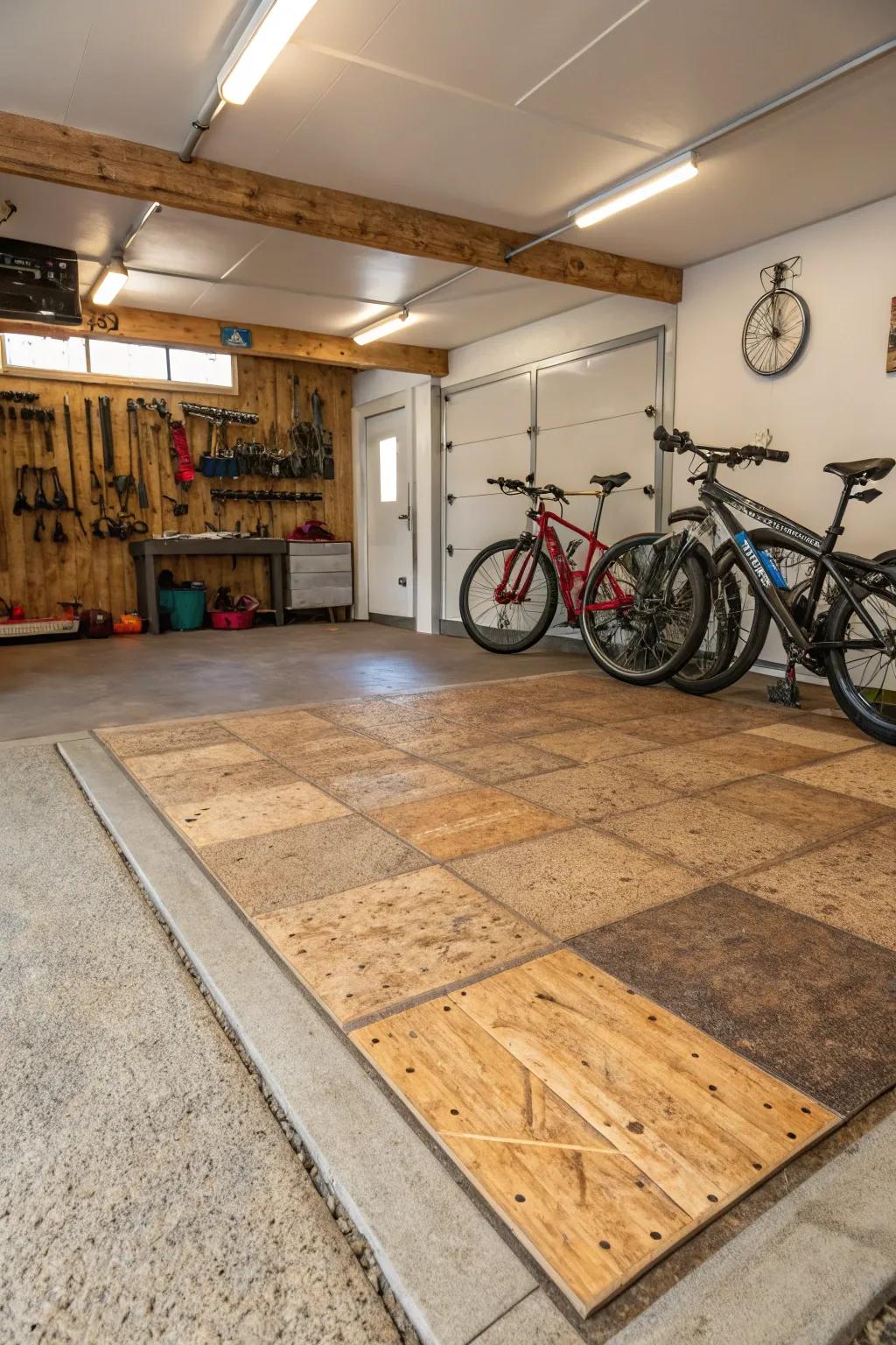 Sustainable flooring adds warmth and style to the garage.