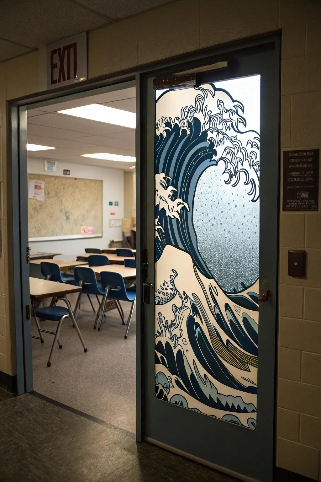 Classroom entrance featuring a bold tidal surge design.